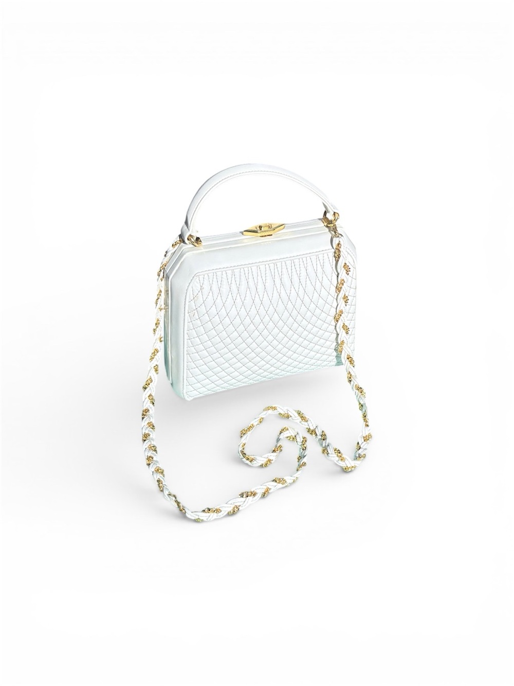 Bally Vintage Ivory Quilted Leather Mini Top Handle Bag Gold Chain Strap